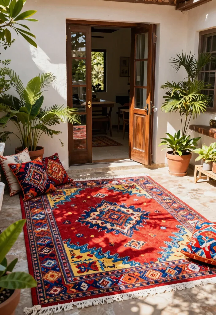 11 Welcoming Patio Door Decor Inspiration for Entryways 8. Vibrant Outdoor Rugs 0