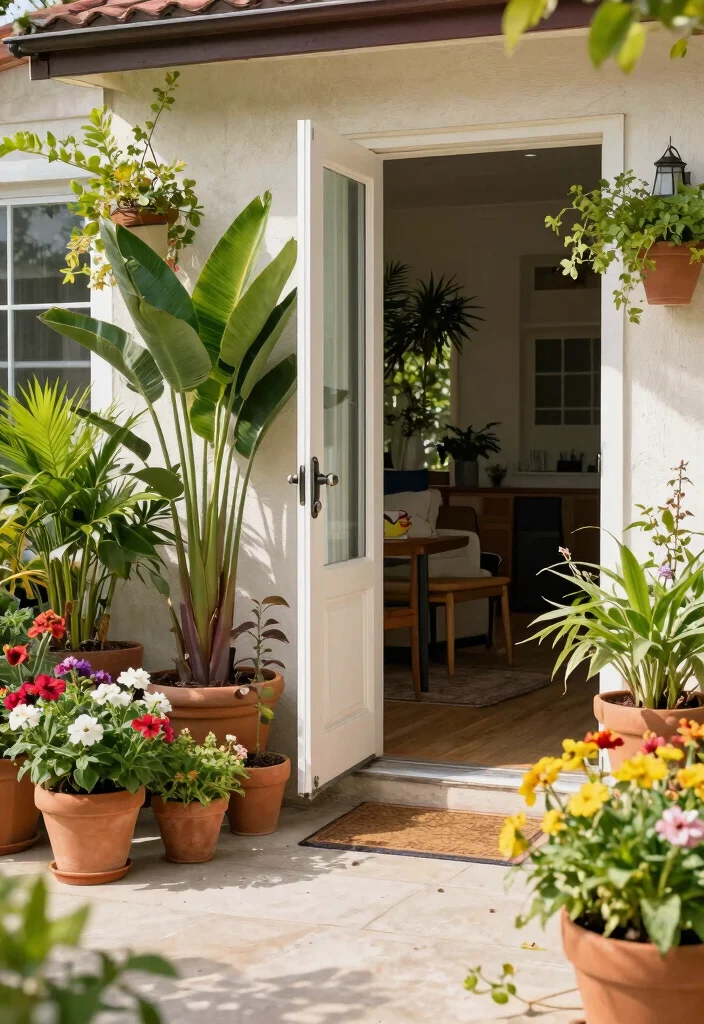 11 Welcoming Patio Door Decor Inspiration for Entryways 9. Potted Plants with Height Variation 0