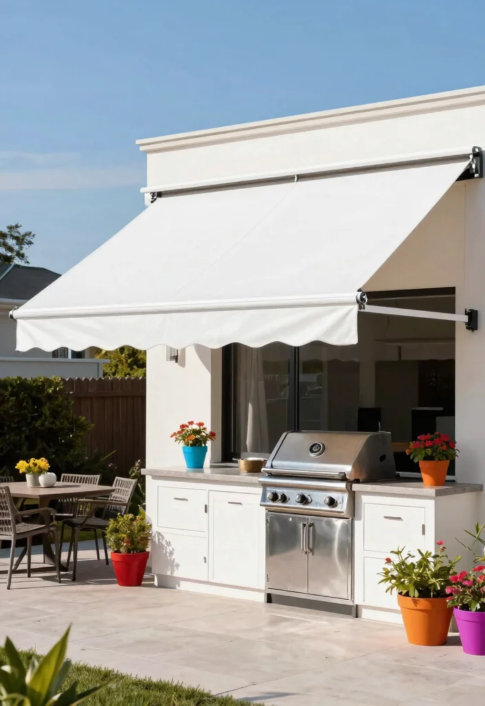 13 Best Outdoor Kitchen Canopy Ideas for Rain or Shine 5 13 Best Outdoor Kitchen Canopy Ideas for Rain or Shine 5. Vinyl Awnings Durability Meets Design 0