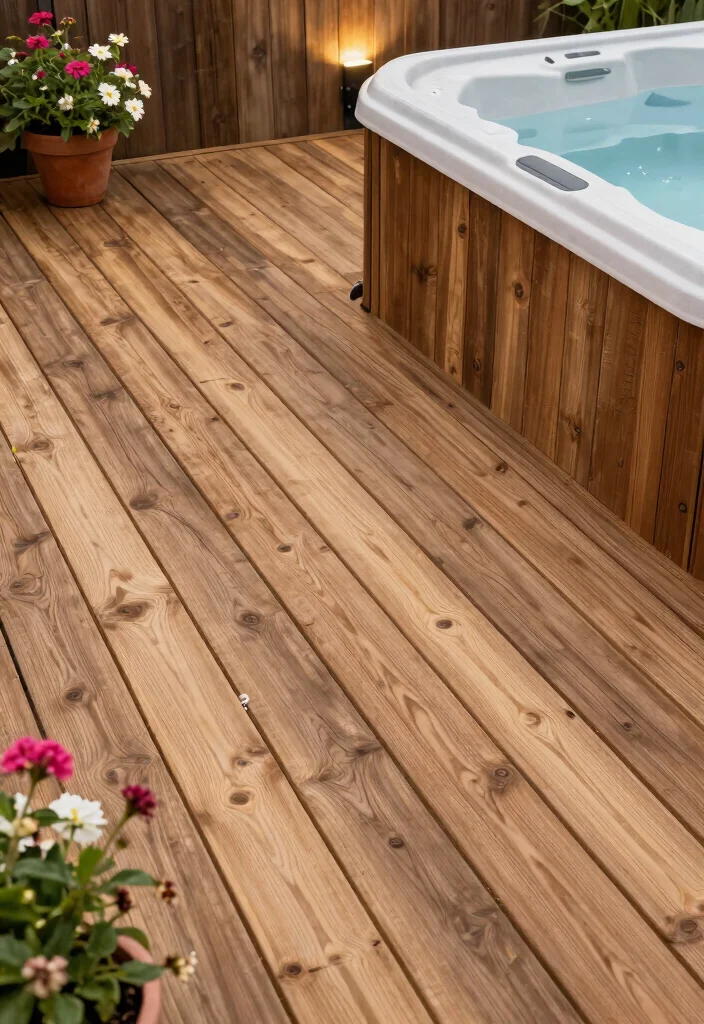 13 Best Spa Tub Flooring Ideas for Safety and Style 5. Wood Decking for a Rustic Finish 0
