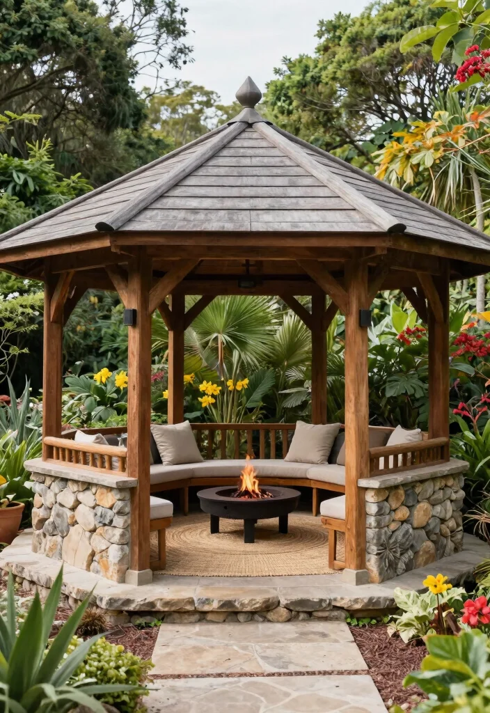 13 Classic Hexagonal Gazebo Ideas Timeless Design 9. Natural Looking Stone and Wood Combo 0