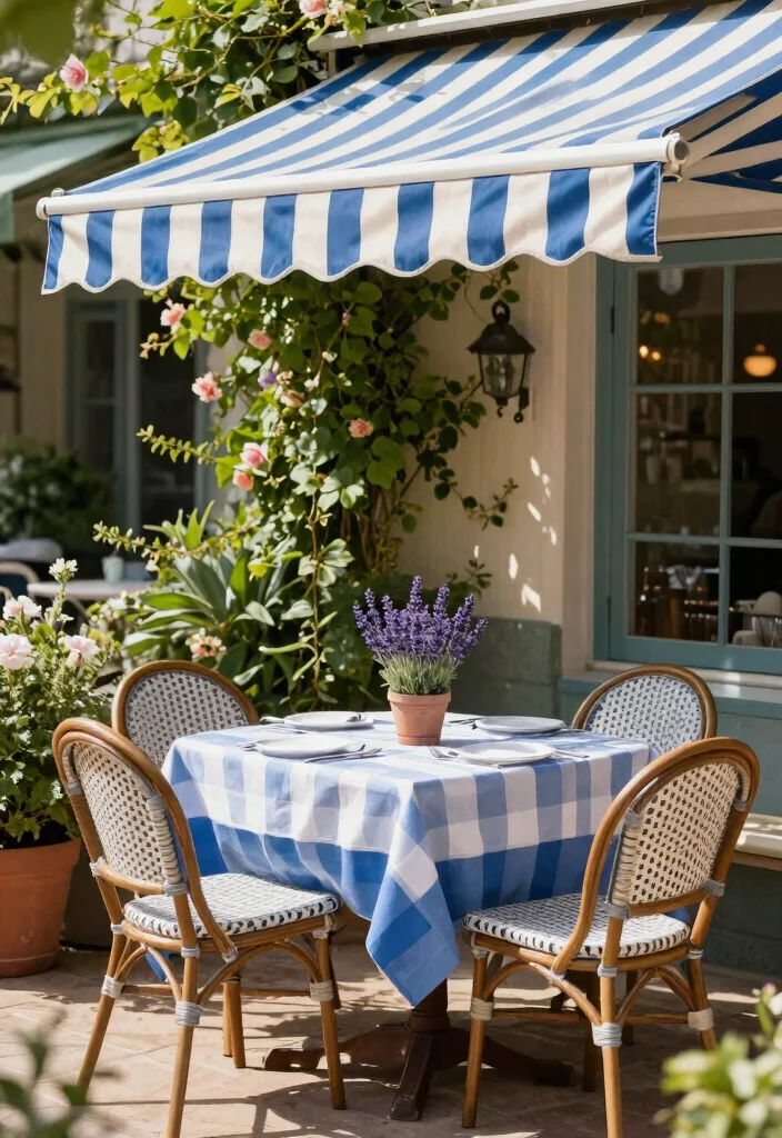 13 Classic Striped Awning Ideas for a French Cafe Vibe 1. Timeless Blue and White Stripes 0