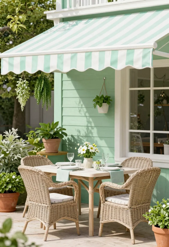 13 Classic Striped Awning Ideas for a French Cafe Vibe 10. Fresh Mint and White 0