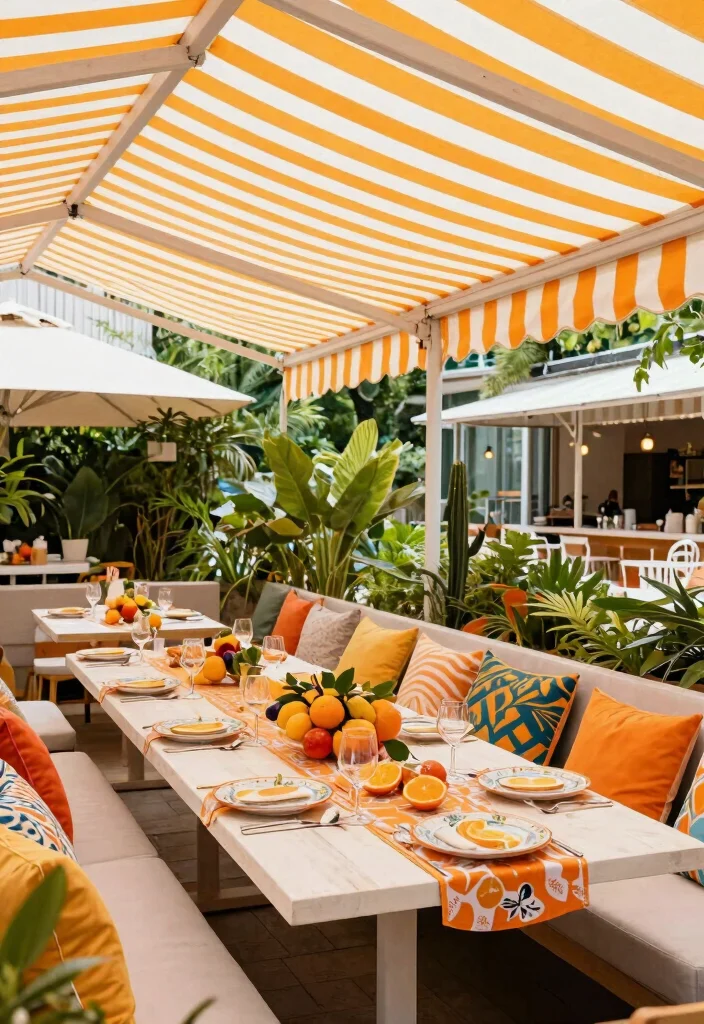 13 Classic Striped Awning Ideas for a French Cafe Vibe 11. Vibrant Orange and White 0