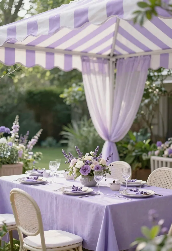13 Classic Striped Awning Ideas for a French Cafe Vibe 12. Soft Lavender and White 0
