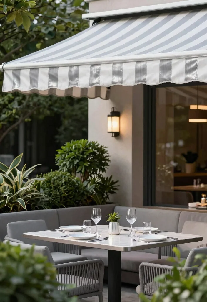 13 Classic Striped Awning Ideas for a French Cafe Vibe 13. Chic Silver and White 0