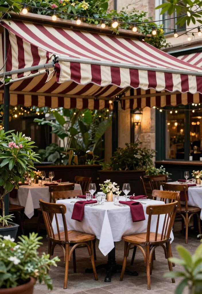 13 Classic Striped Awning Ideas for a French Cafe Vibe 2. Striking Burgundy and Cream 0