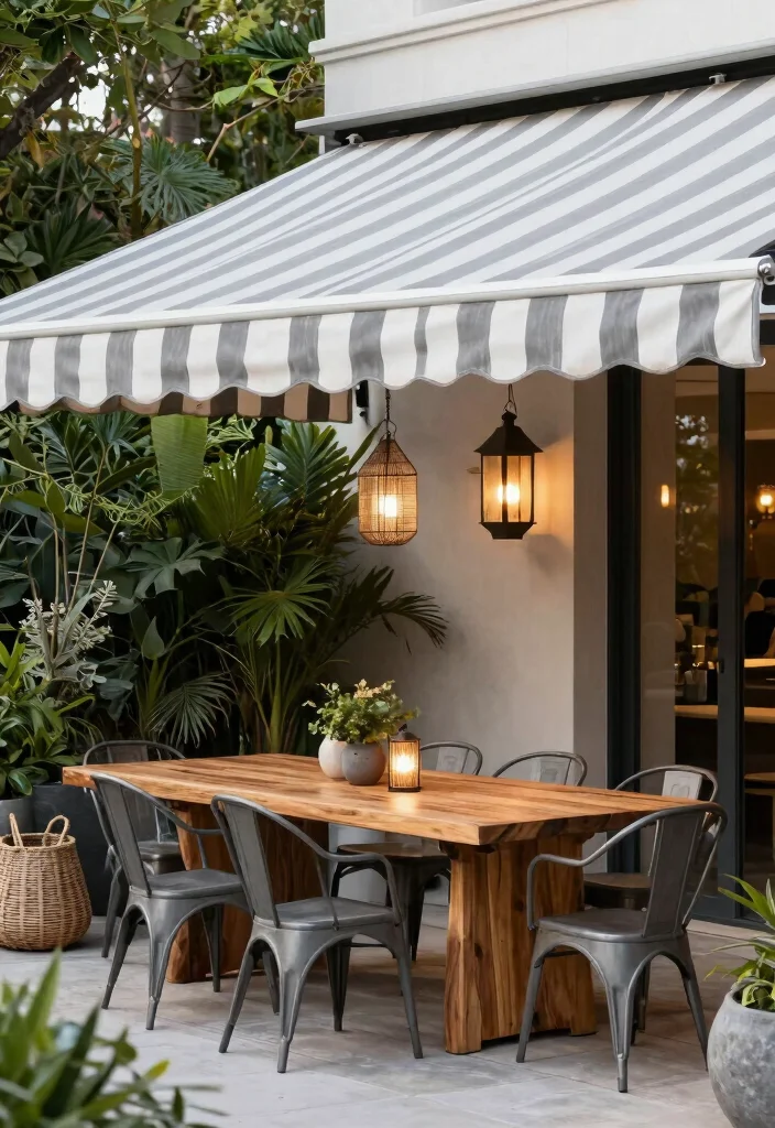 13 Classic Striped Awning Ideas for a French Cafe Vibe 4. Elegant Gray and White 0