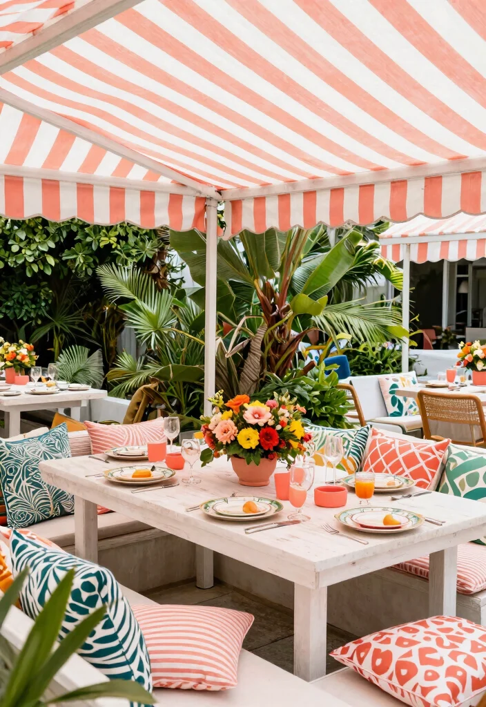 13 Classic Striped Awning Ideas for a French Cafe Vibe 6. Playful Coral and White 0