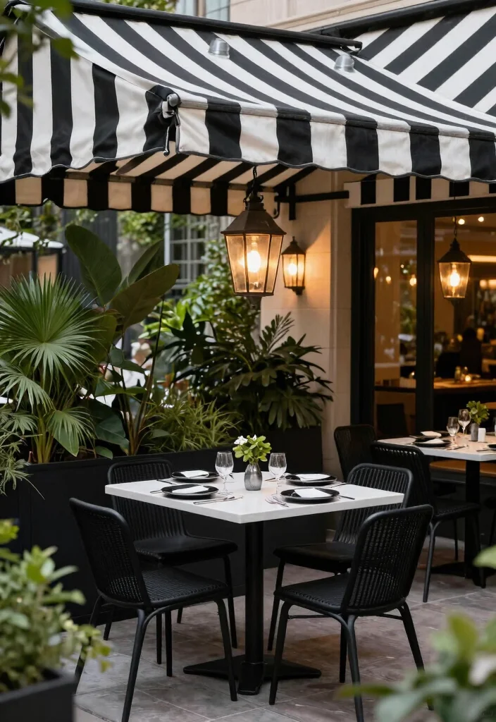 13 Classic Striped Awning Ideas for a French Cafe Vibe 7. Classic Black and White 0