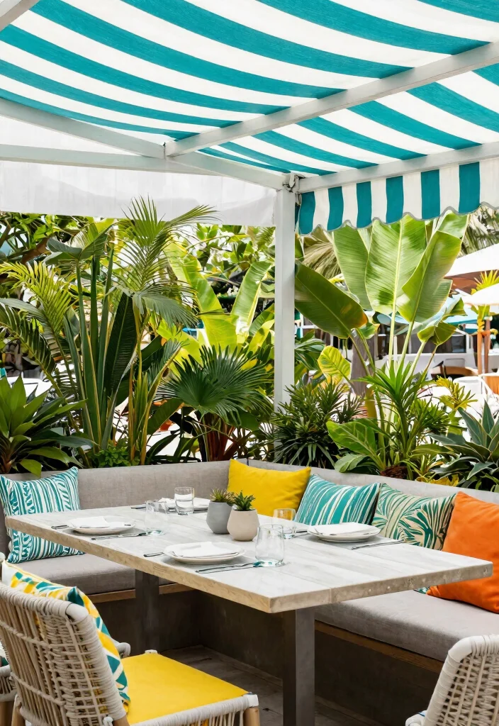 13 Classic Striped Awning Ideas for a French Cafe Vibe 9. Trendy Teal and White 0