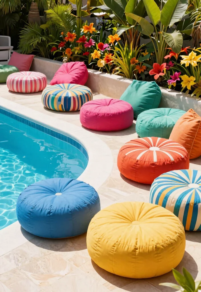 13 Cozy Above Ground Pool Seating Ideas for the Deck 7 13 Cozy Above Ground Pool Seating Ideas for the Deck 7. Colorful Poufs and Floor Cushions 0