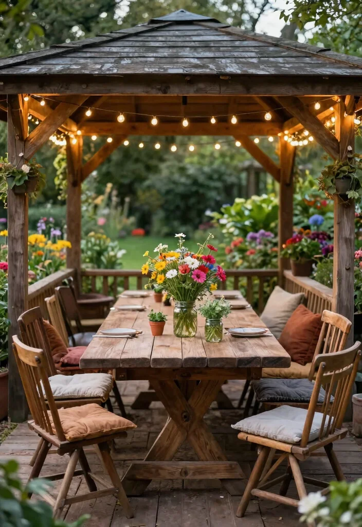 13 Cozy Gazebo Table Ideas for Outdoor Dining 1. Rustic Charm with Wooden Slabs 0