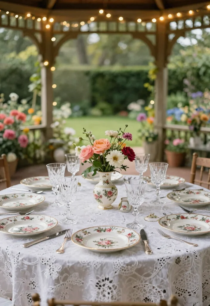13 Cozy Gazebo Table Ideas for Outdoor Dining 3. Vintage China Elegance 0