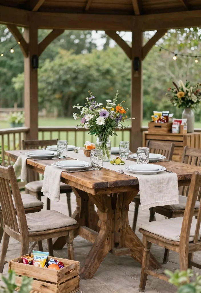 13 Cozy Gazebo Table Ideas for Outdoor Dining 5. Farmhouse Table Settings 0
