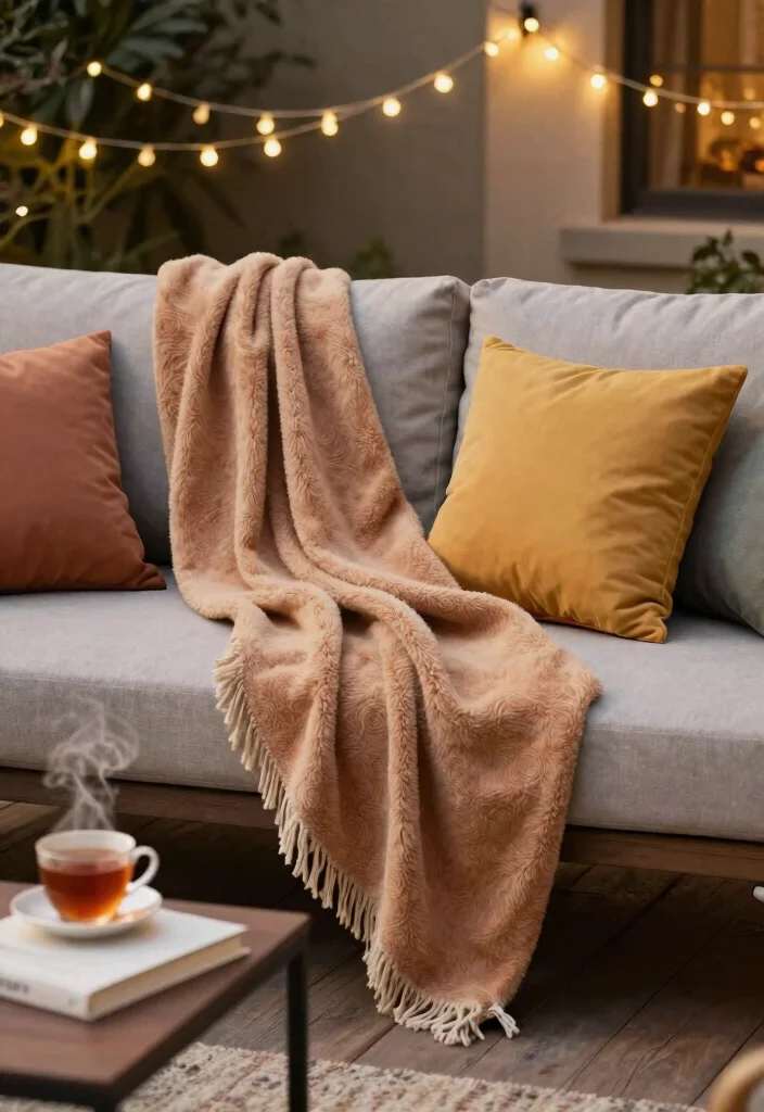 13 Cozy Patio Decoration Ideas with Cushions and Throw Pillows 4. Outdoor Throw Blanket Styling 0