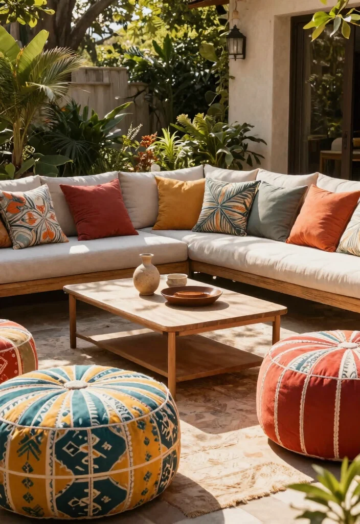 13 Cozy Patio Decoration Ideas with Cushions and Throw Pillows 5. Chic Poufs and Ottomans 0