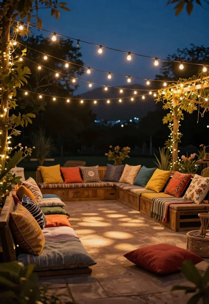 13 Cozy Patio Decoration Ideas with Cushions and Throw Pillows 9. String Lights for Ambiance 0