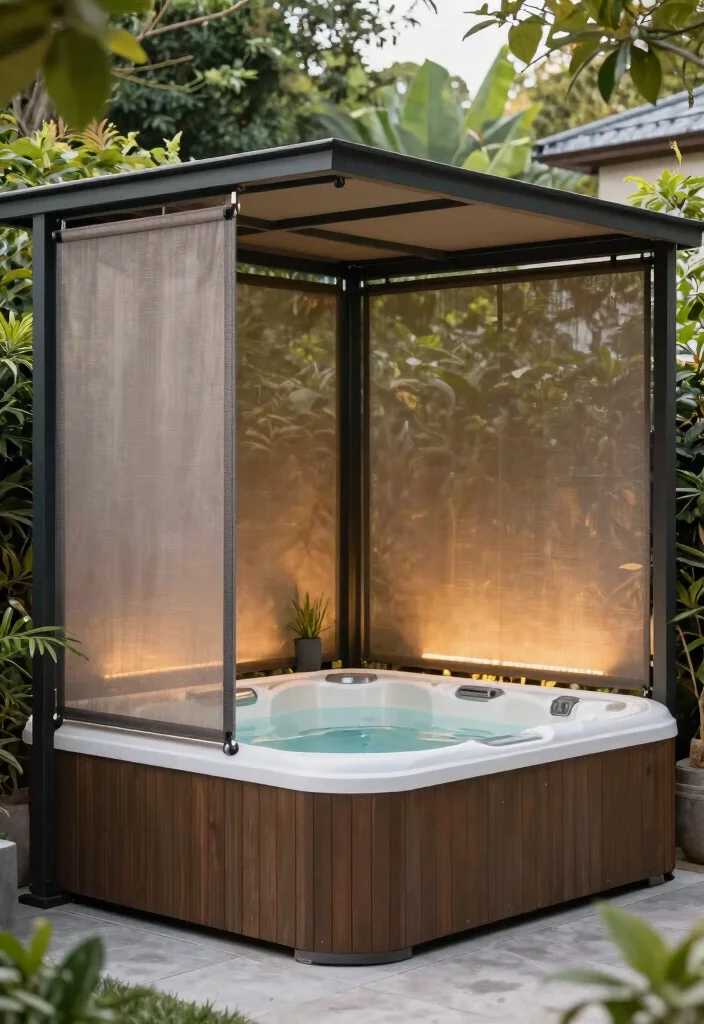 13 Practical Hot Tub Awning Ideas to Block the Rain 10. Retractable Screen Systems for Privacy and Protection 0