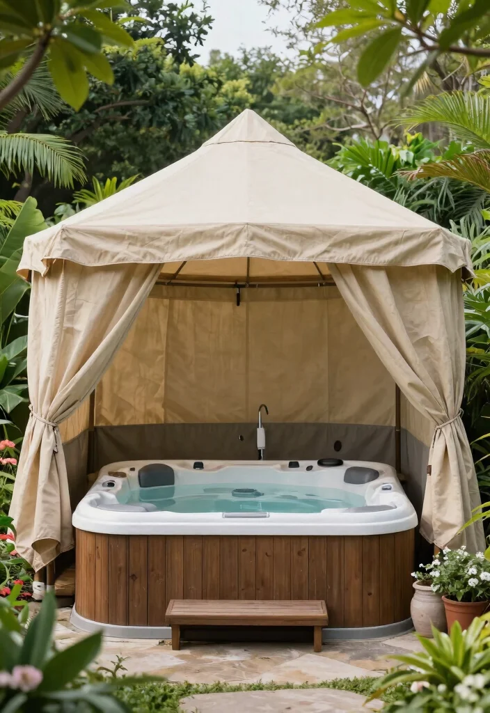 13 Practical Hot Tub Awning Ideas to Block the Rain 12. Eco Friendly Canvas Covers for Sustainability 0