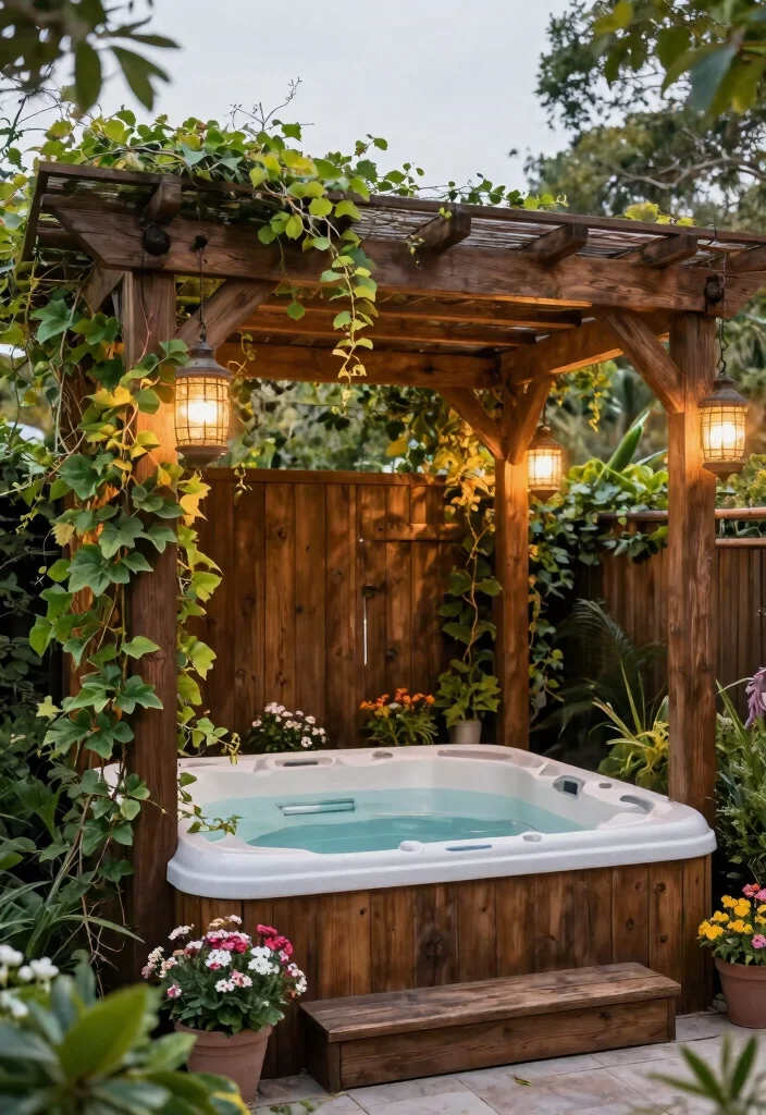 13 Practical Hot Tub Awning Ideas to Block the Rain 2. Wooden Pergolas for Rustic Charm 0