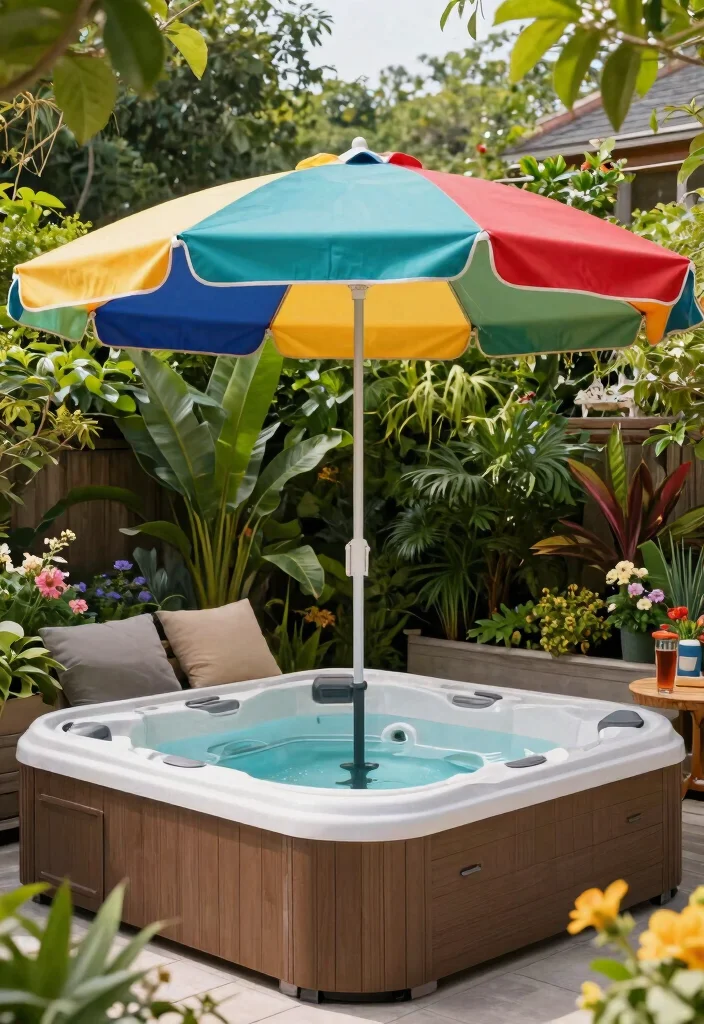 13 Practical Hot Tub Awning Ideas to Block the Rain 3. Stylish Umbrellas for Instant Coverage 0