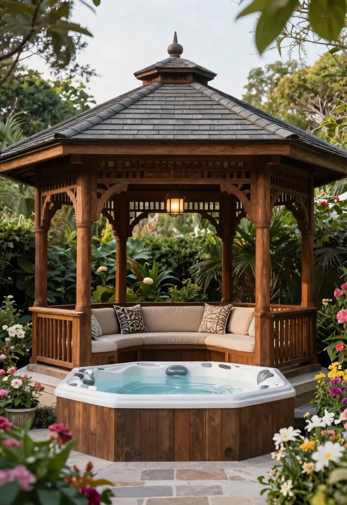 13 Practical Hot Tub Awning Ideas to Block the Rain 5. Garden Gazebo for a Luxurious Retreat 0
