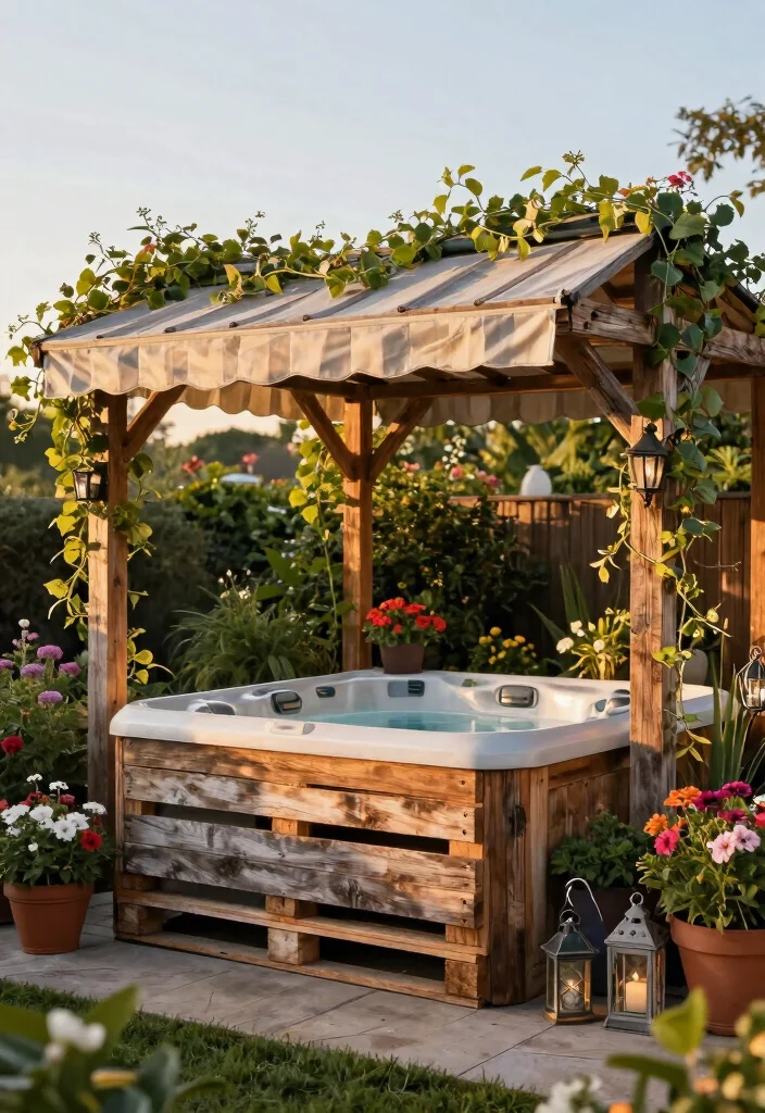 13 Practical Hot Tub Awning Ideas to Block the Rain 6. DIY Pallet Awning for a Rustic Touch 0