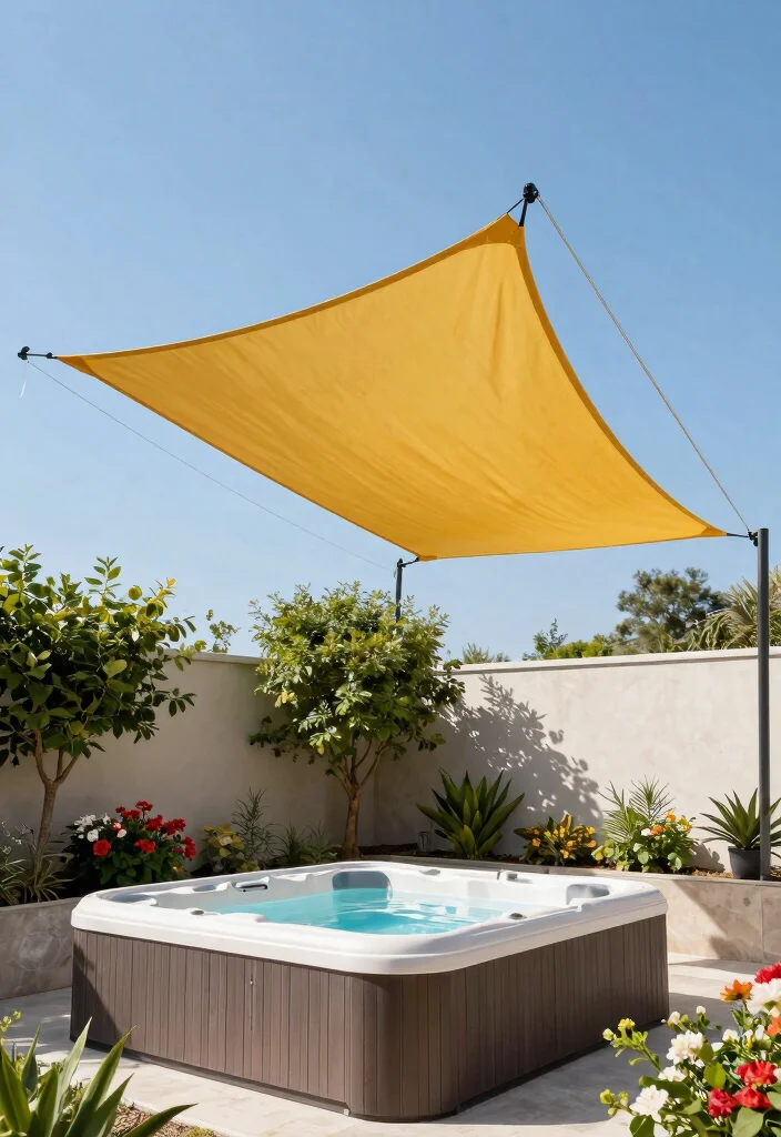 13 Practical Hot Tub Awning Ideas to Block the Rain 7. Shade Sails for a Modern Look 0