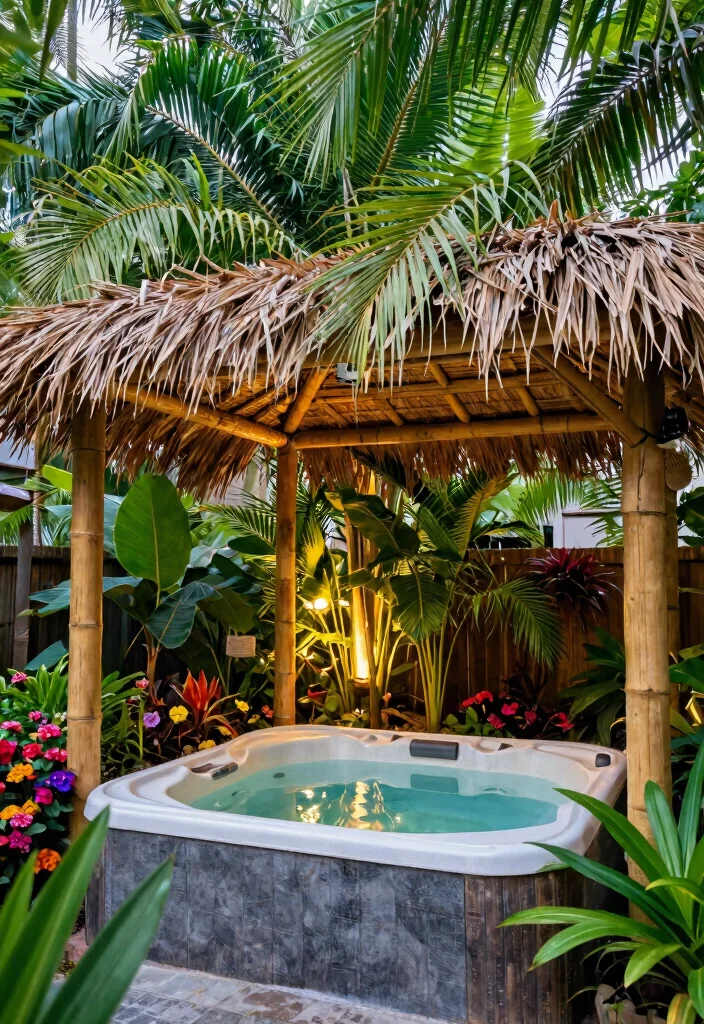 13 Practical Hot Tub Awning Ideas to Block the Rain 8. Bamboo Canopies for a Tropical Vibe 0