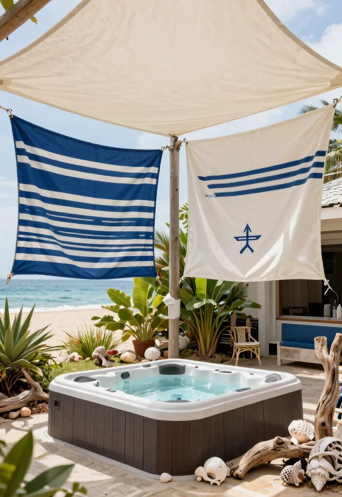 13 Practical Hot Tub Awning Ideas to Block the Rain 9. Sailcloth Shades for a Nautical Theme 0