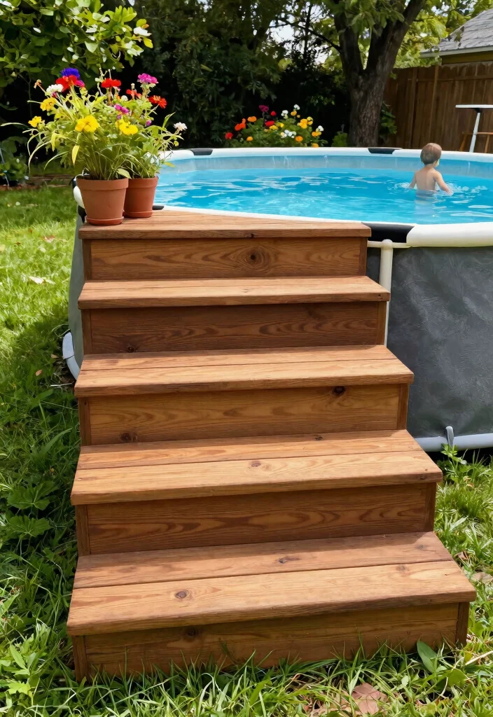 13 Safe Above Ground Pool Stairs Ideas for Families 1. Natural Wooden Steps 0