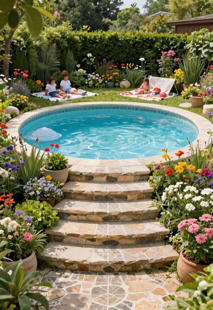 13 Safe Above Ground Pool Stairs Ideas for Families 11. Garden Inspired Steps 0