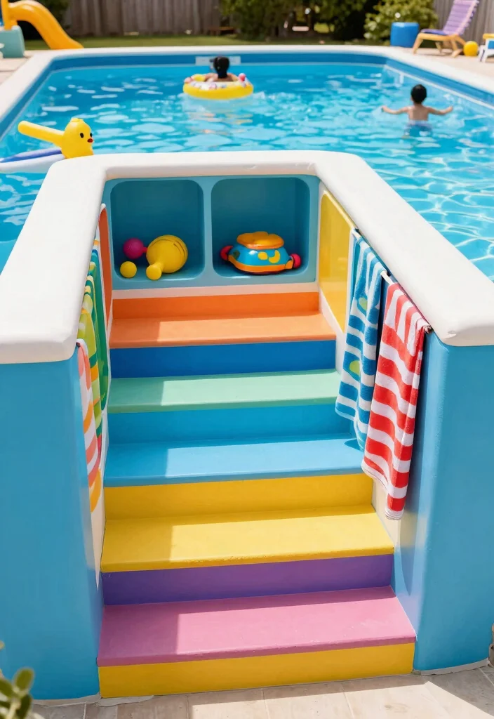 13 Safe Above Ground Pool Stairs Ideas for Families 12. Colorful Staircase with Storage 0