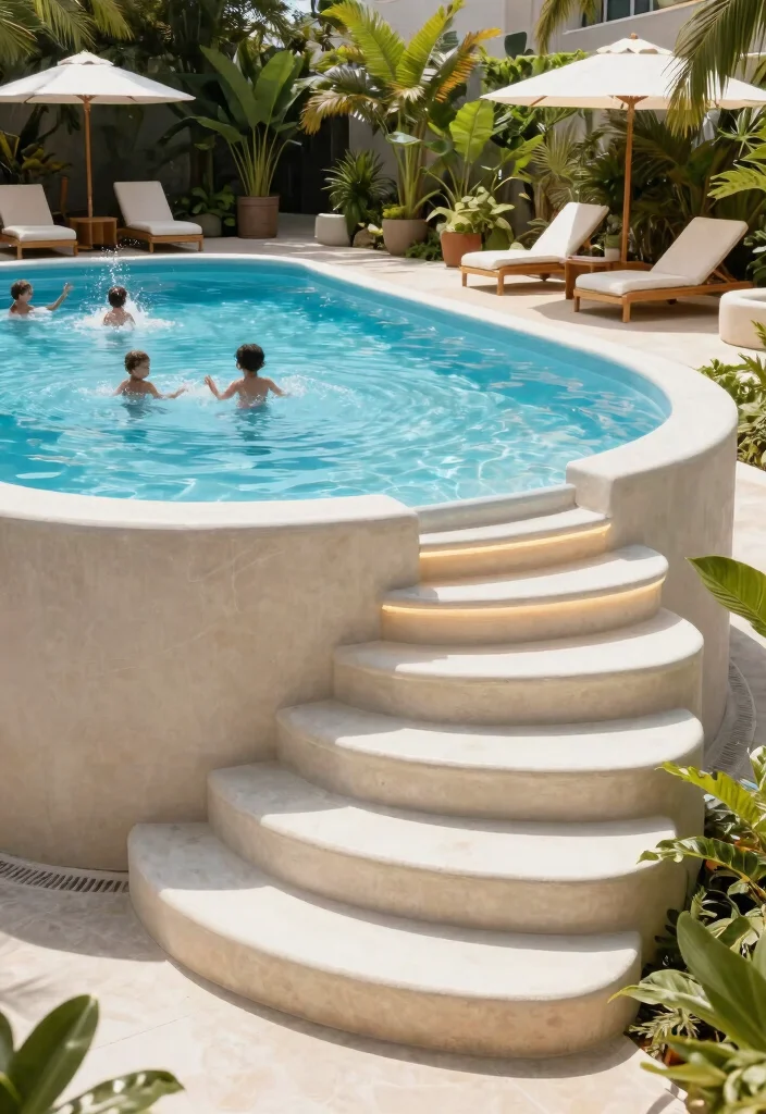 13 Safe Above Ground Pool Stairs Ideas for Families 2. Curved Composite Steps 0