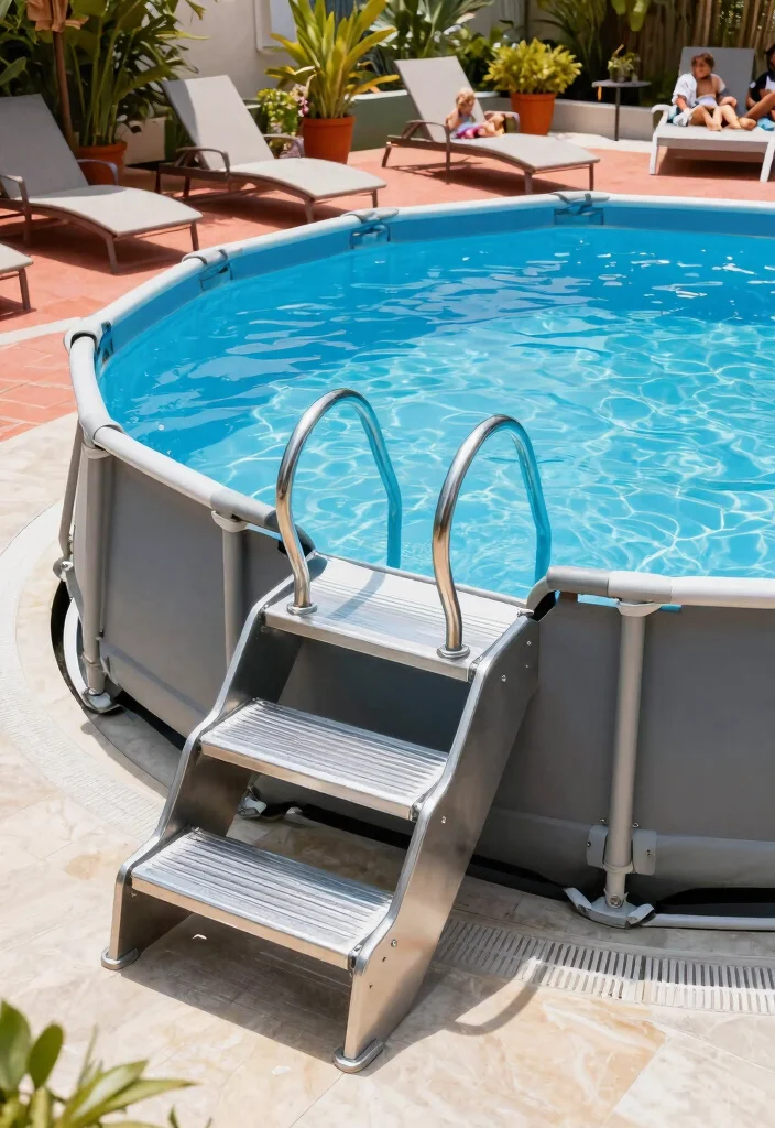 13 Safe Above Ground Pool Stairs Ideas for Families 3. Metal Steps with Anti Slip Coating 0