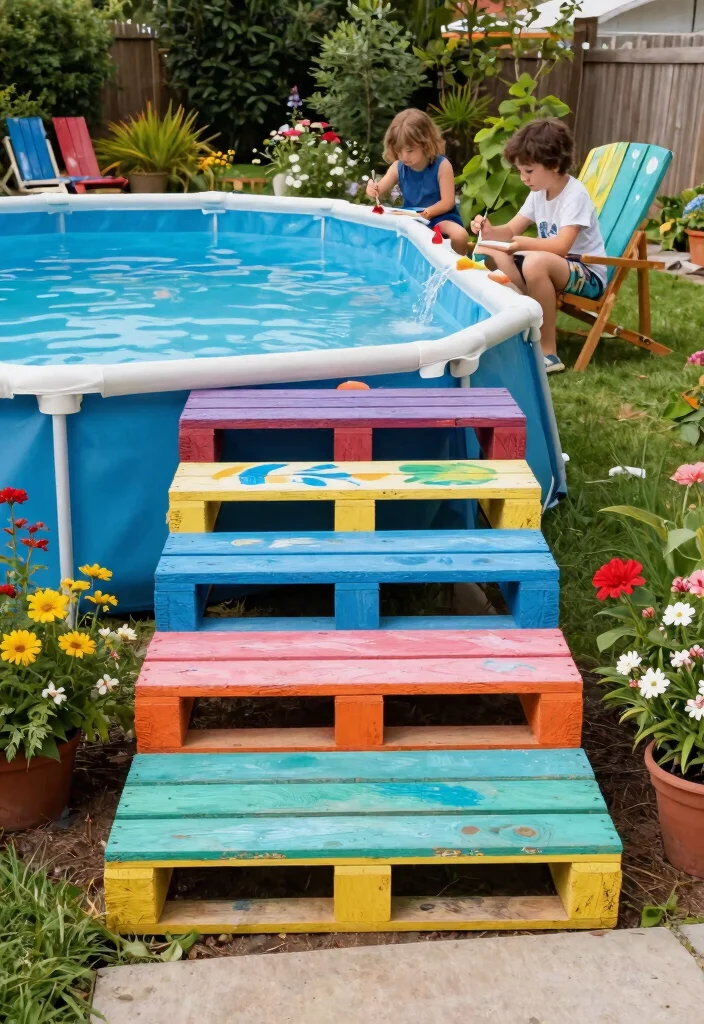 13 Safe Above Ground Pool Stairs Ideas for Families 4. DIY Pallet Steps 0