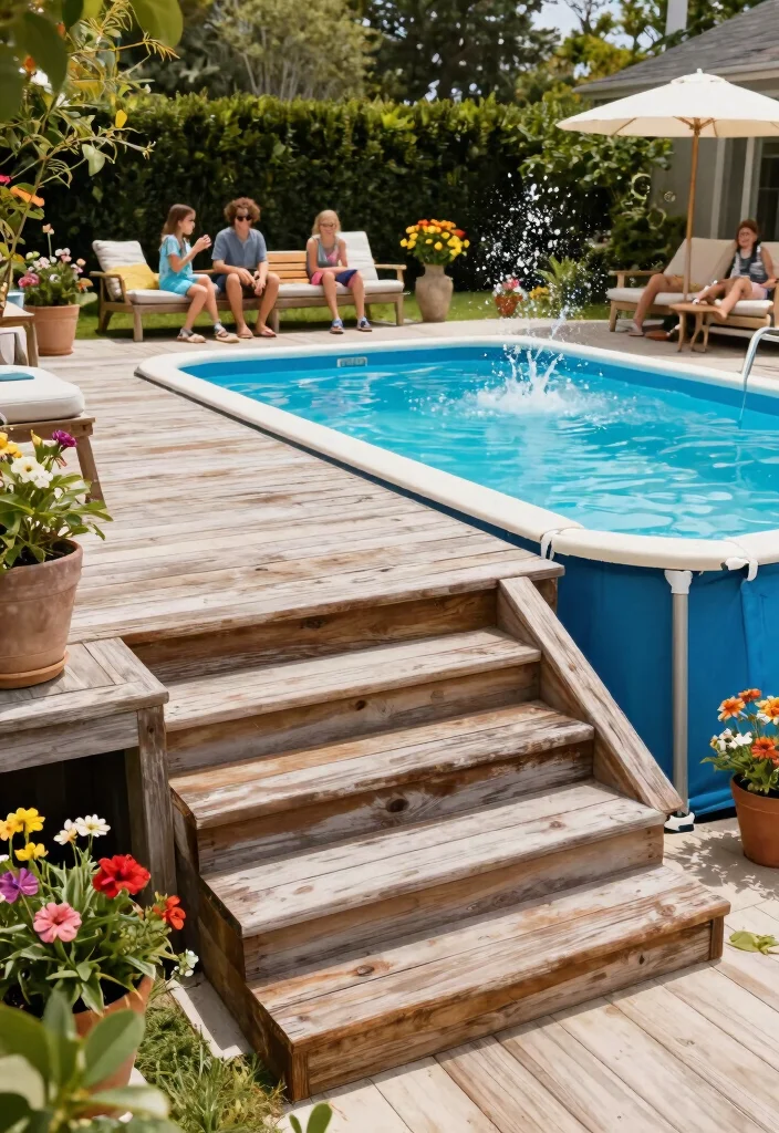 13 Safe Above Ground Pool Stairs Ideas for Families 7. Poolside Deck with Integrated Steps 0