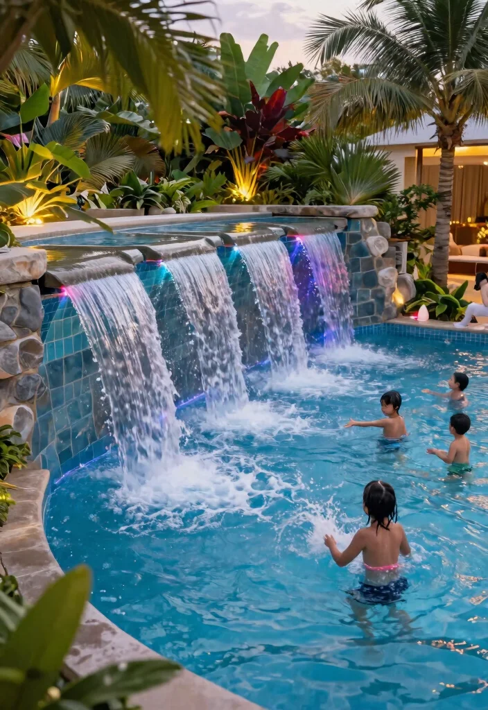 13 Safe Above Ground Pool Stairs Ideas for Families 8. Waterfall Pool Steps 0