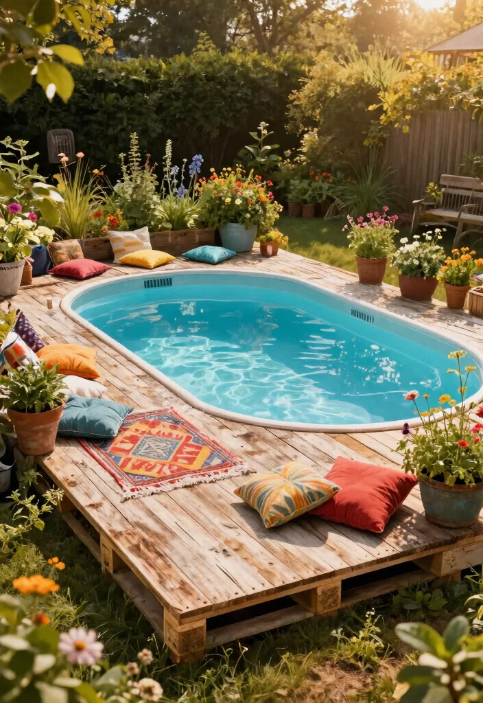 13 Smart Low Deck Ideas for Ground Level Above Ground Pools 6 13 Smart Low Deck Ideas for Ground Level Above Ground Pools 6. Rustic Pallet Deck 0