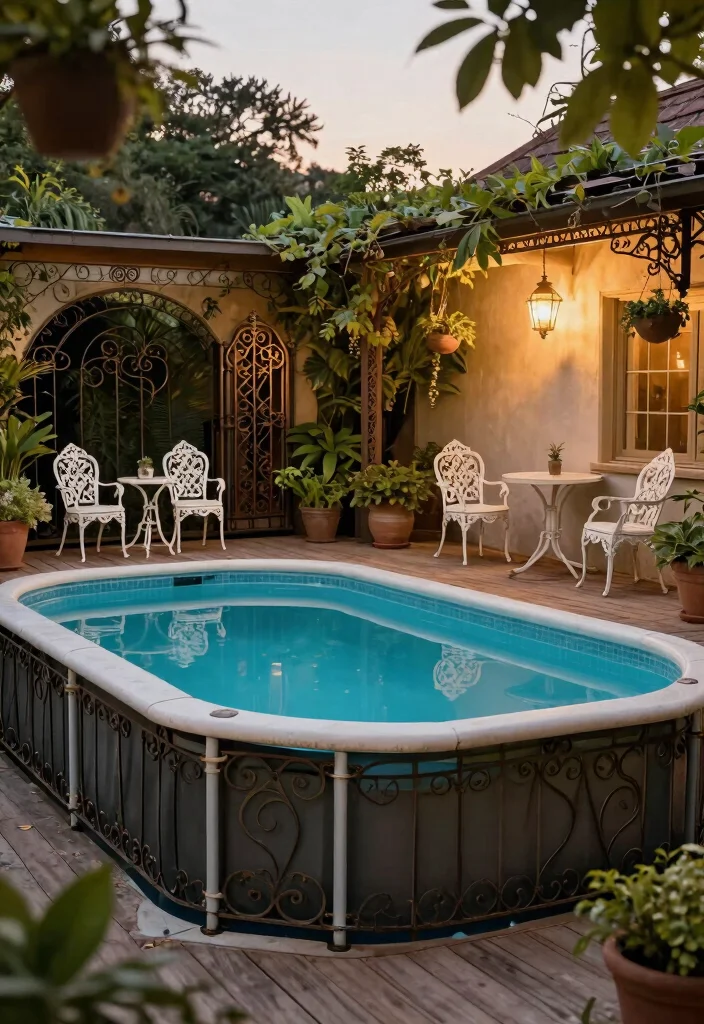 15 Beautiful Semi Above Ground Pool Ideas with Wood Decks 8 15 Beautiful Semi Above Ground Pool Ideas with Wood Decks 8. Vintage Charm with Wrought Iron Accents 0
