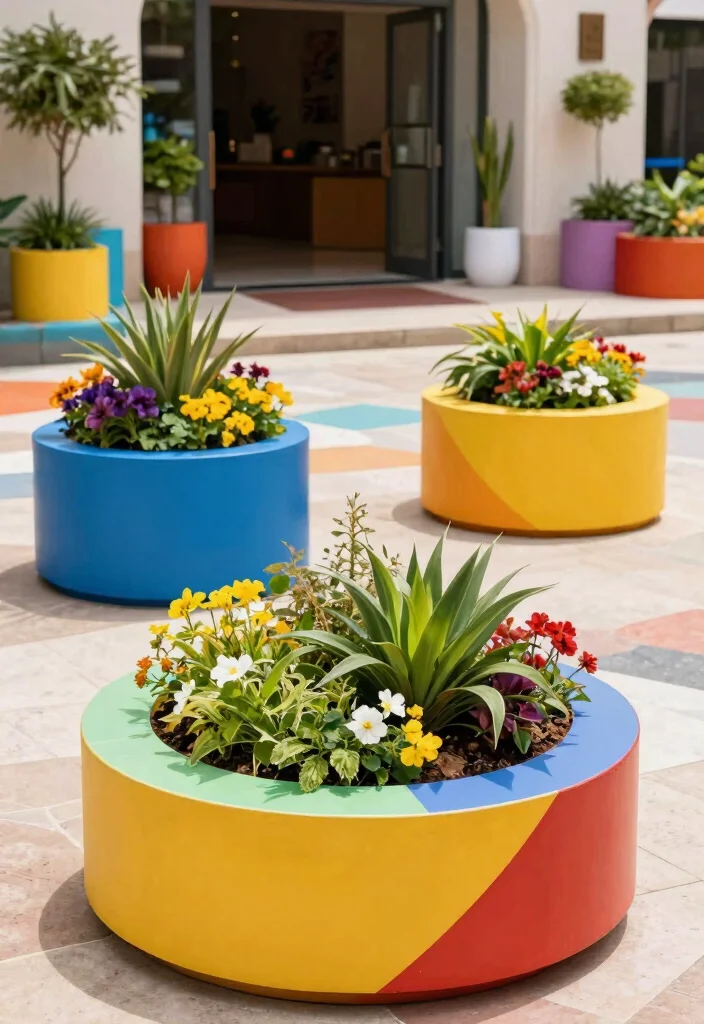 15 Chic Round Planter Ideas for Eco-Friendly Outdoor Entryways 14 15 Chic Round Planter Ideas for Eco Friendly Outdoor Entryways 14. Color Block Round Planters 0