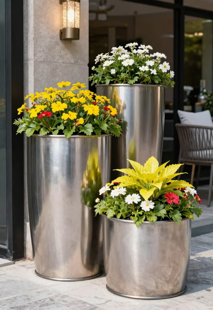 15 Chic Round Planter Ideas for Eco-Friendly Outdoor Entryways 5 15 Chic Round Planter Ideas for Eco Friendly Outdoor Entryways 5. Stylish Metal Planters 0