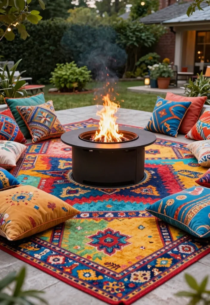 15 Cozy Fire Pit Surround Ideas for Large Gatherings 12. Colorful Outdoor Rugs 0