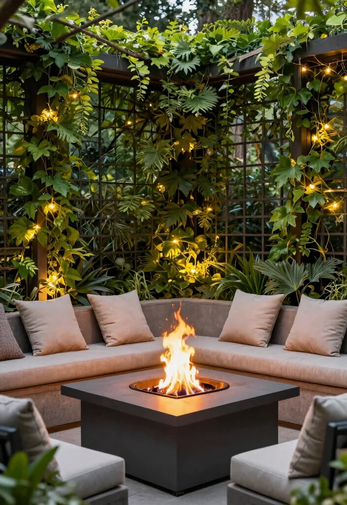 15 Cozy Fire Pit Surround Ideas for Large Gatherings 13. Trellis and Climbing Plants 0
