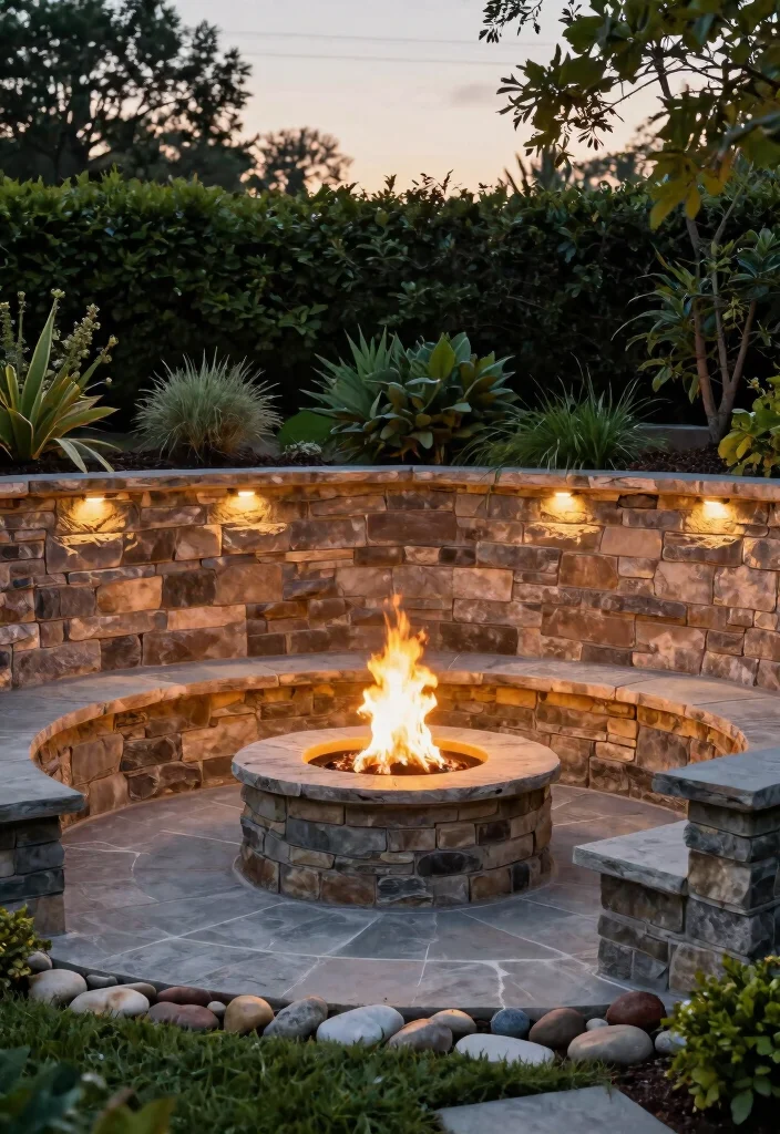 15 Cozy Fire Pit Surround Ideas for Large Gatherings 5. Raised Fire Pit with Stone Walls 0