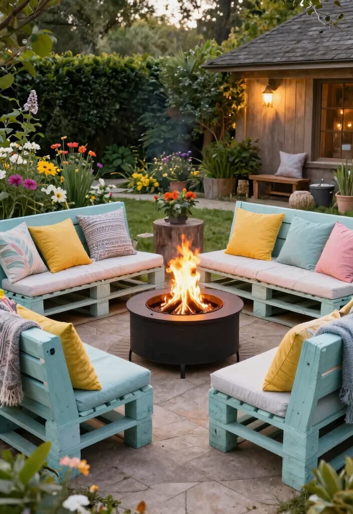 15 Cozy Fire Pit Surround Ideas for Large Gatherings 6. Wooden Pallet Lounge 0
