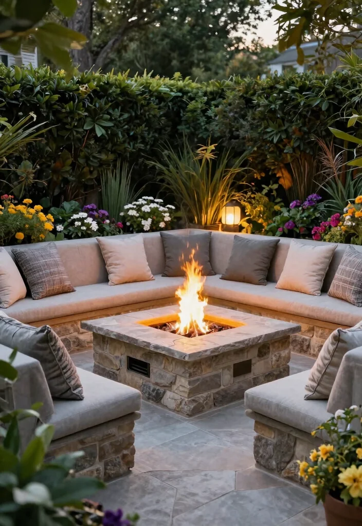 15 Cozy Fire Pit Surround Ideas for Large Gatherings 8. Built in Fire Pit with Seating 0