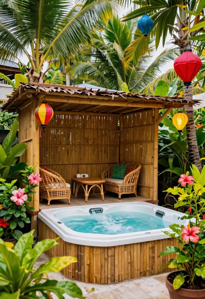 15 Cozy Hot Tub Hut Ideas for Year Round Soaking 14. Tropical Escape Hut 0