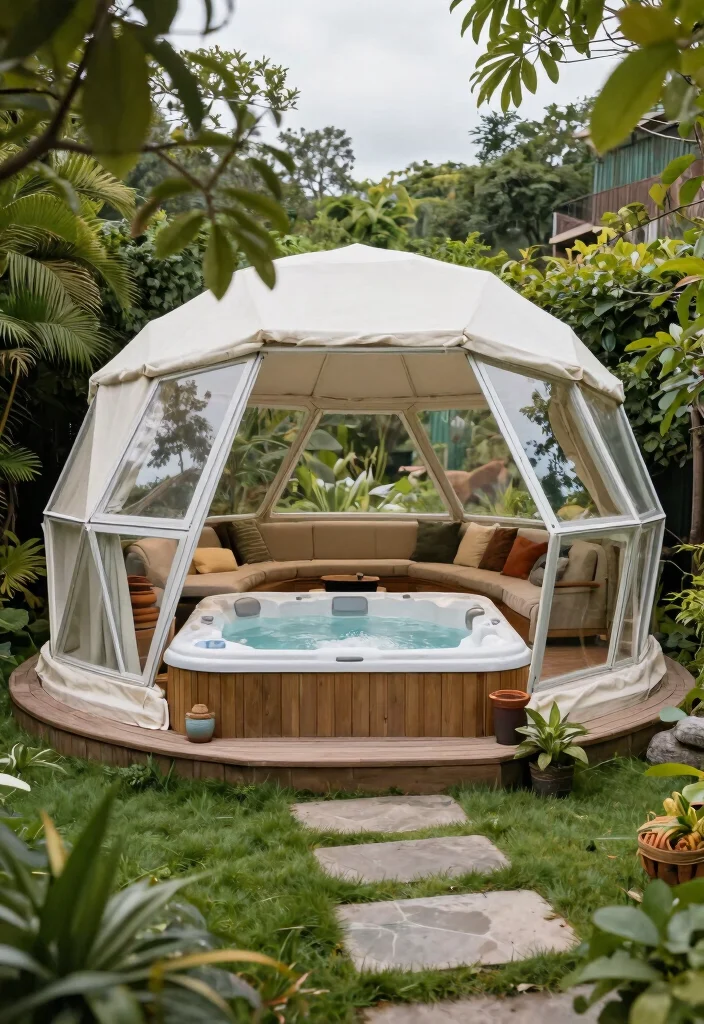 15 Cozy Hot Tub Hut Ideas for Year Round Soaking 4. Enclosed Dome Hut 0